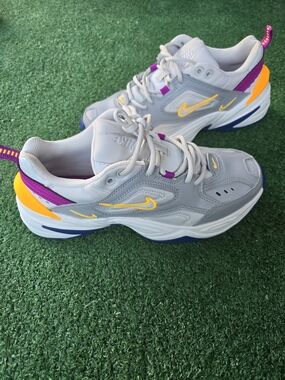 Nike M2K Tekno Grey Sneakers with Yellow & Purple Accents